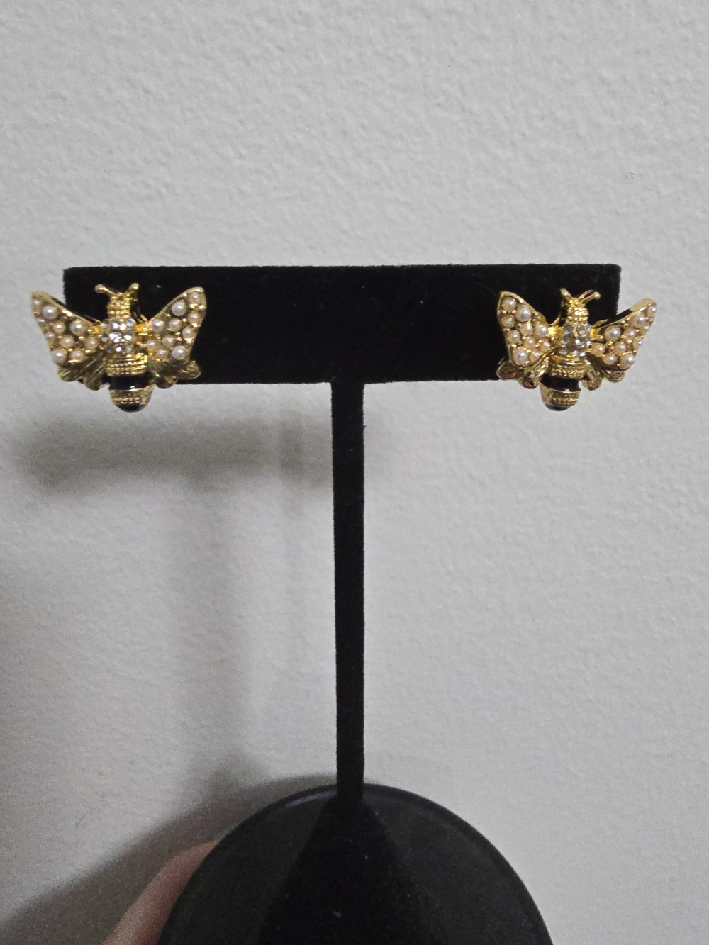 Gold Bee Pearl Accent Stud Earrings